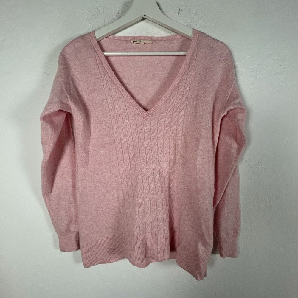 Etam Lovely Cashmere Cable Knit Pink V-Neck Sweater Womens XS Pullover Cozy